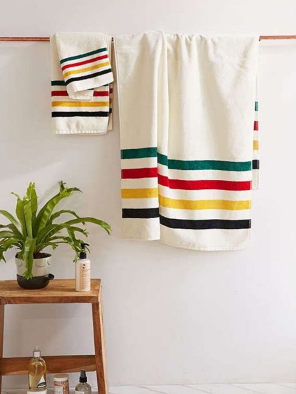 Pendleton Cream Bath Towel with Green Red Yellow and Black Stripes